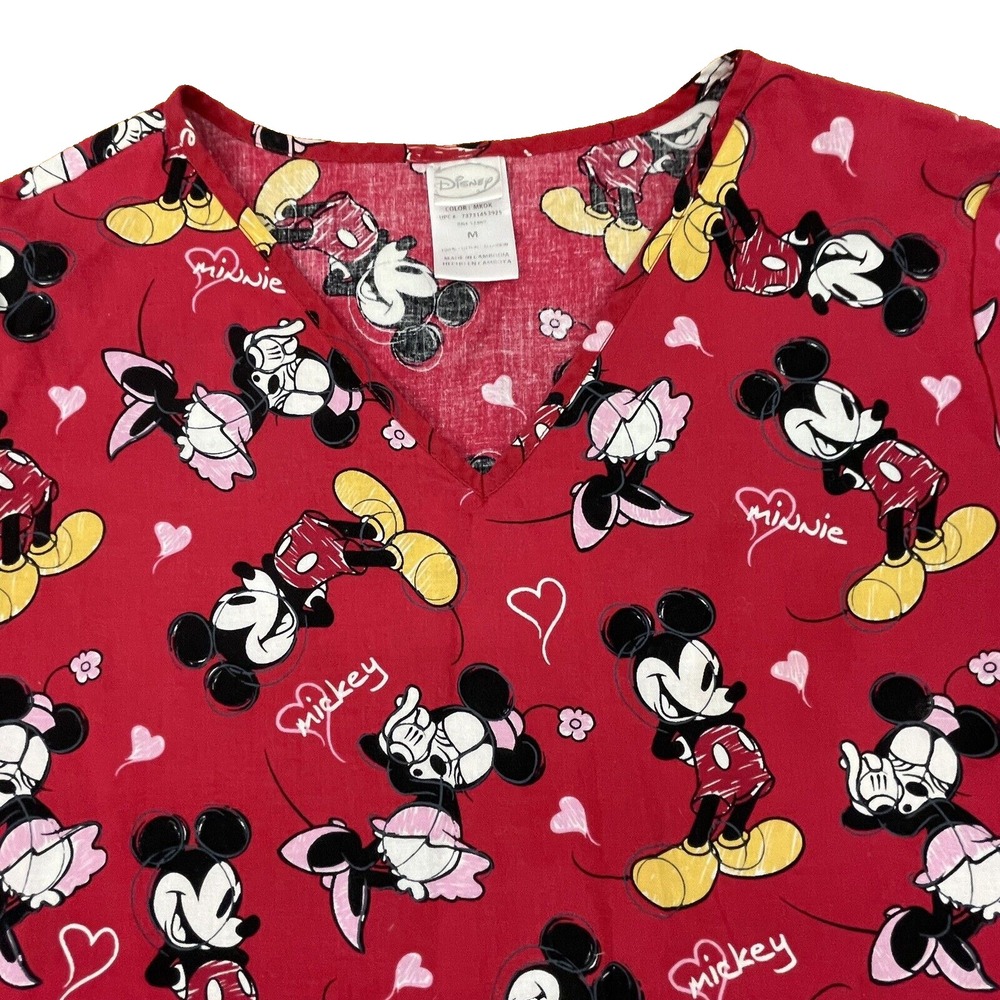 Disney Mickey and Minnie Mouse Womens Scrub Top Medium Front Pockets Red